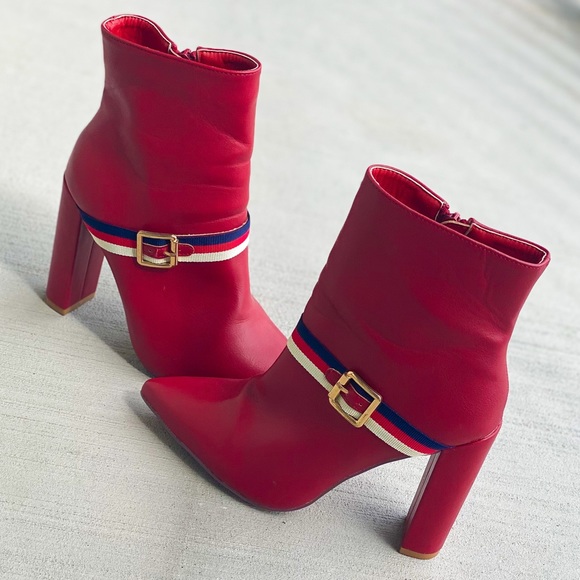 Red Faux Leather Ankle Booties with Grosgrain Buckle Trim - Picture 2 of 9